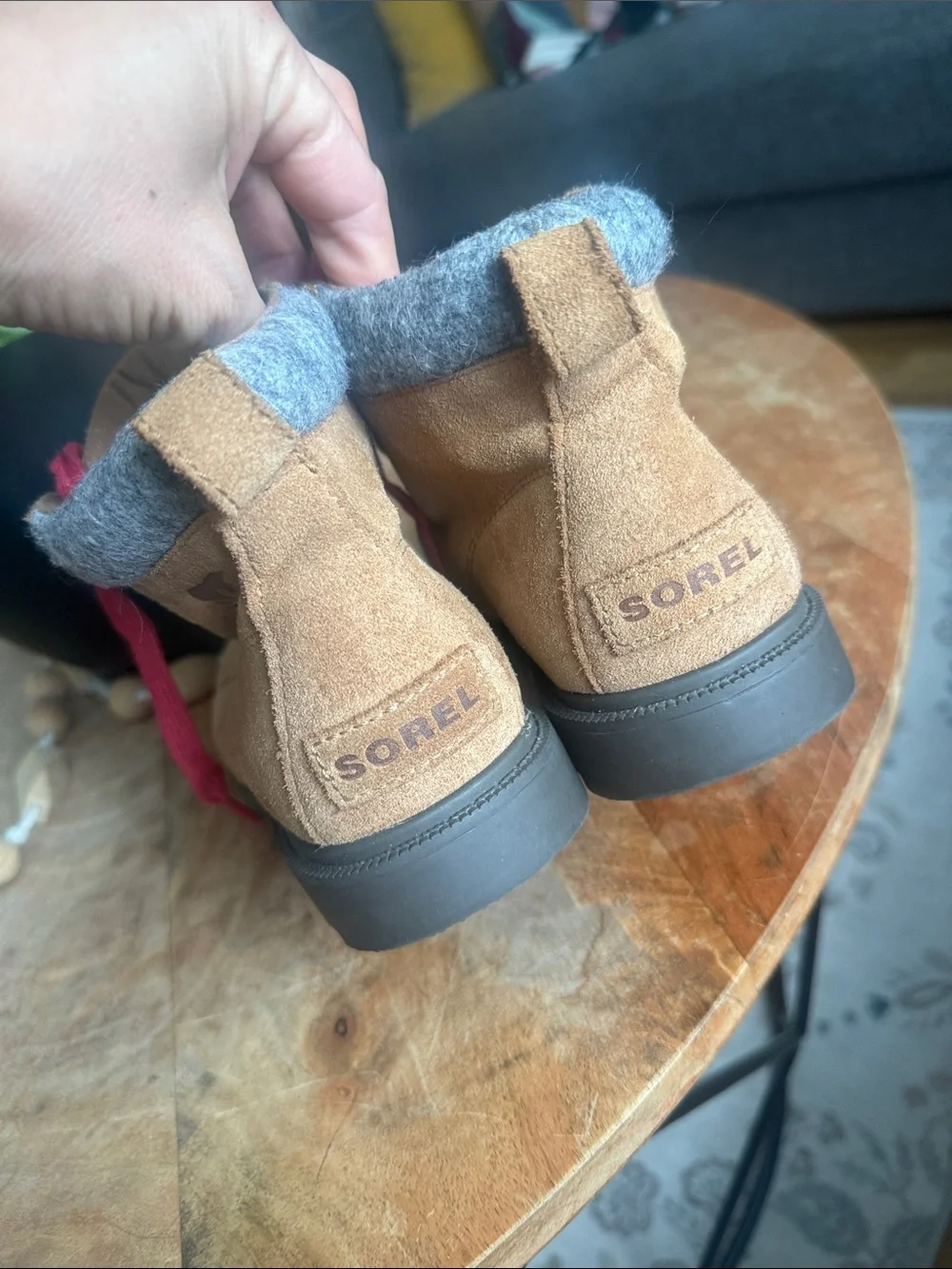 Sorel Tan Suede Ankle Boots with Red Laces